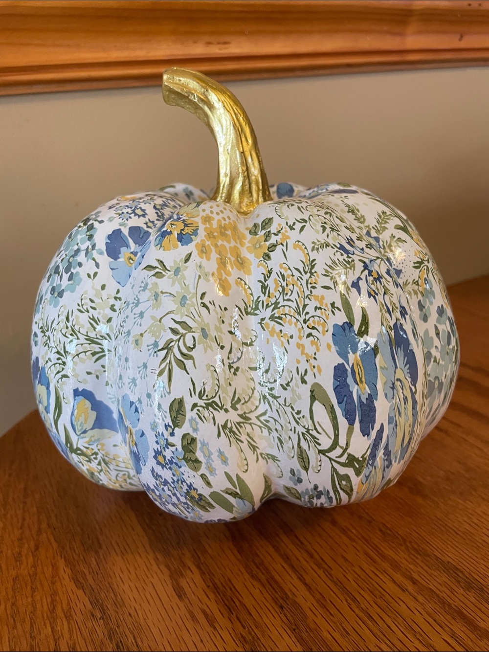 Decorative Floral White & Blue Pumpkin with Gold Stem - Home Accents